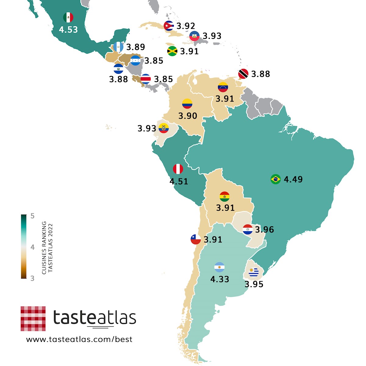 This is a map of Latin American cuisines with ratings. The bigger the country, the better the cuisine?
