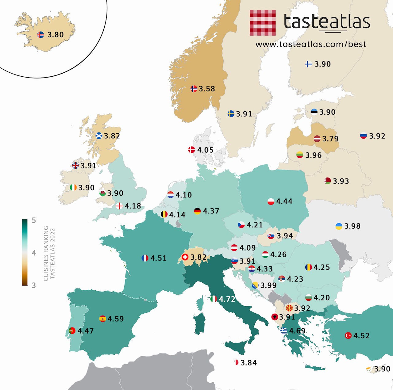 This is a map of European cuisines with ratings. Does the north know how to cook?