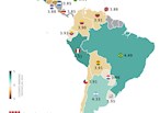 This is a map of Latin American cuisines with ratings. The bigger the country, the better the cuisine?