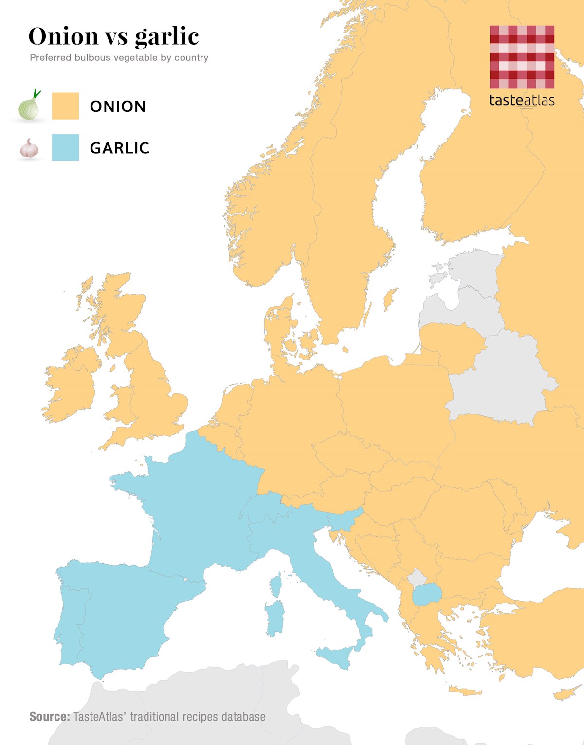 Preferred bulbous vegetable in each European country