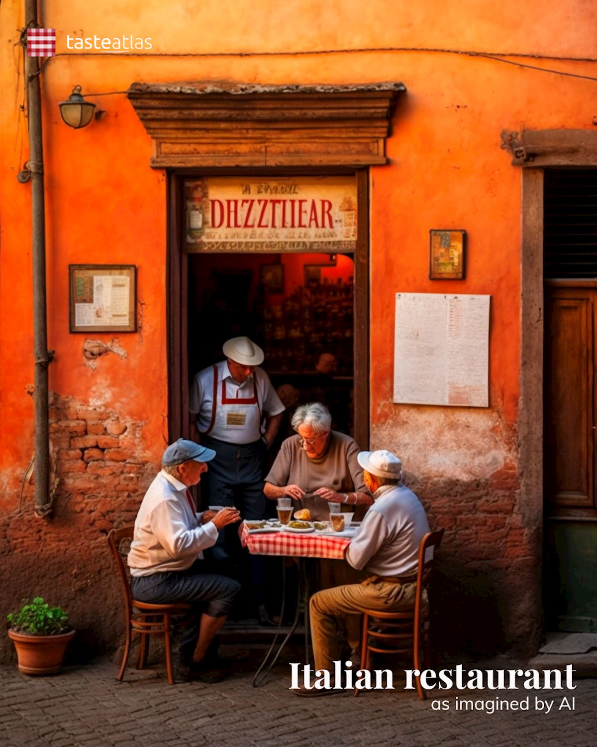 Prompt: Imagine locals eating in a traditional Italian restaurant