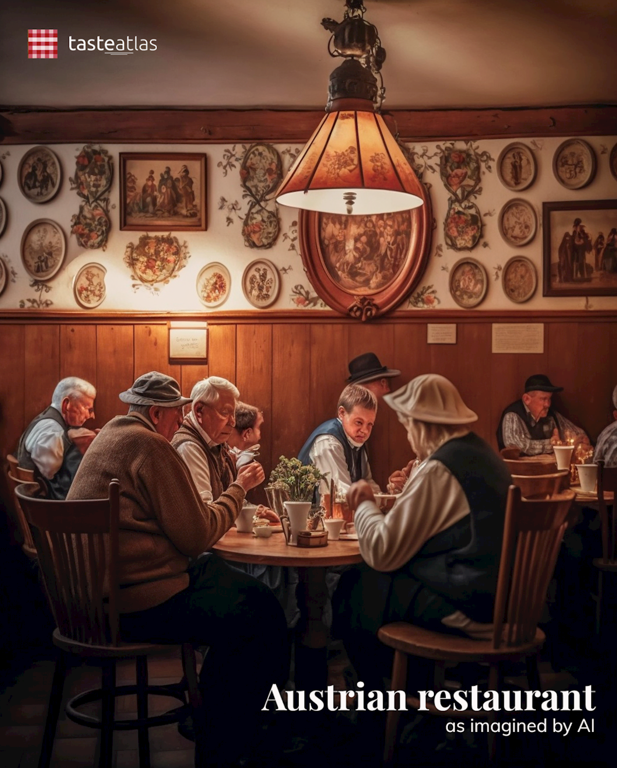 Prompt: Imagine locals eating in a traditional Austrian restaurant