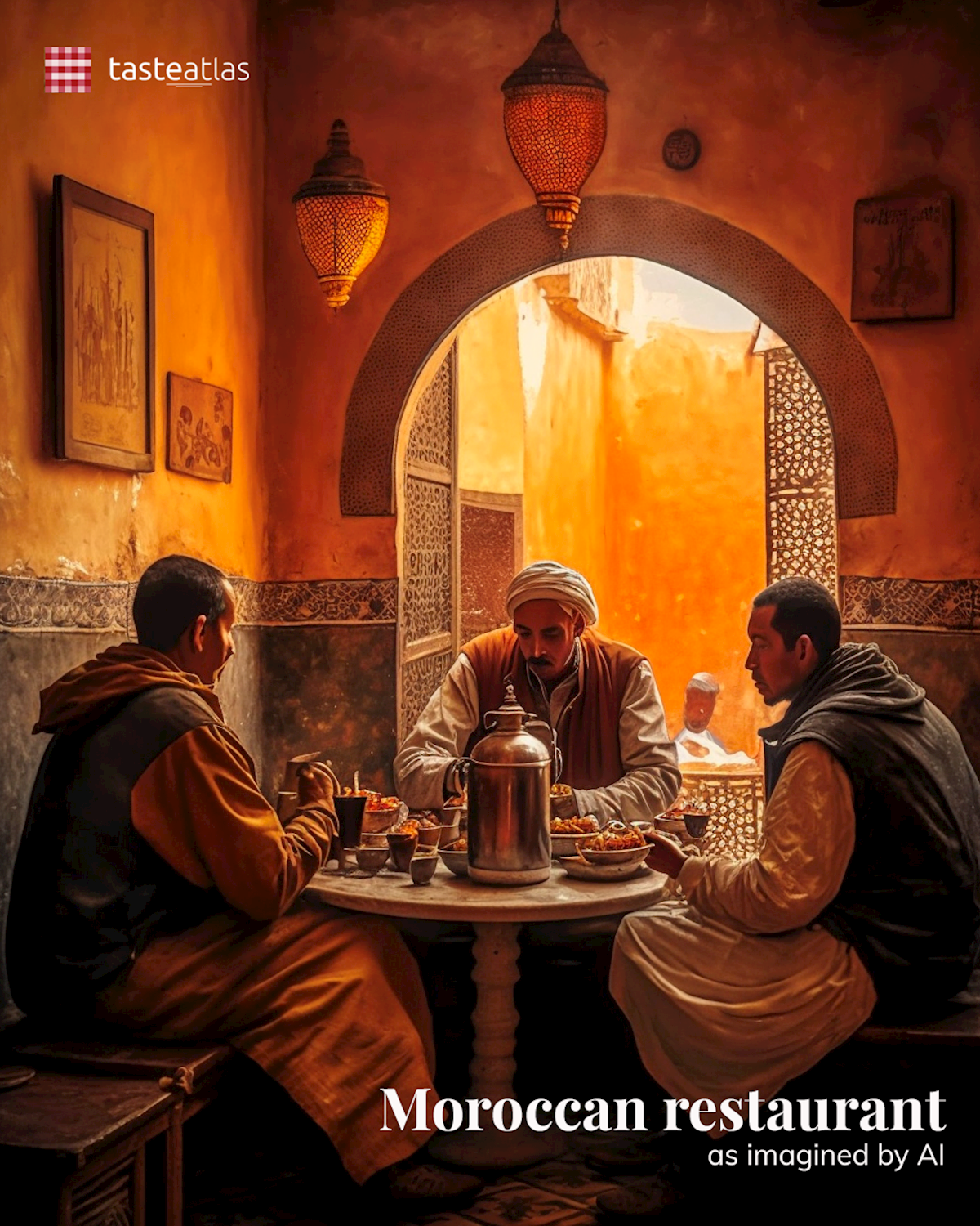 Prompt: Imagine locals eating in a traditional Moroccan restaurant