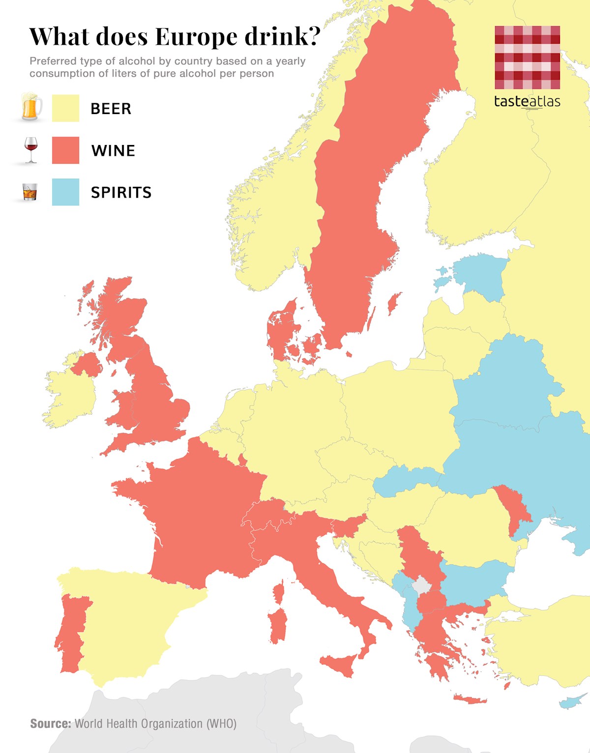 Preferred type of alcohol in each European country