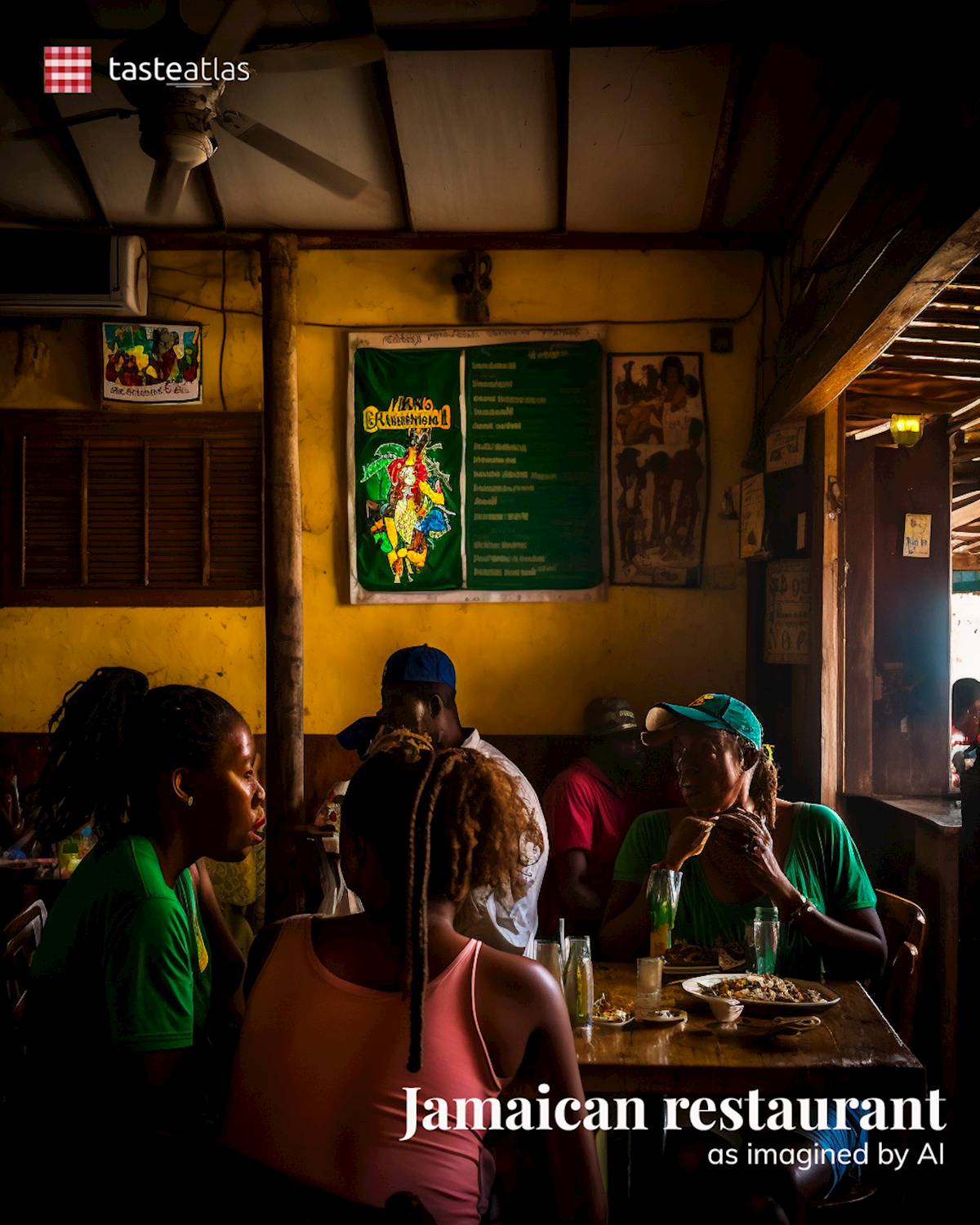 Prompt: Imagine locals eating in a traditional Jamaican restaurant
