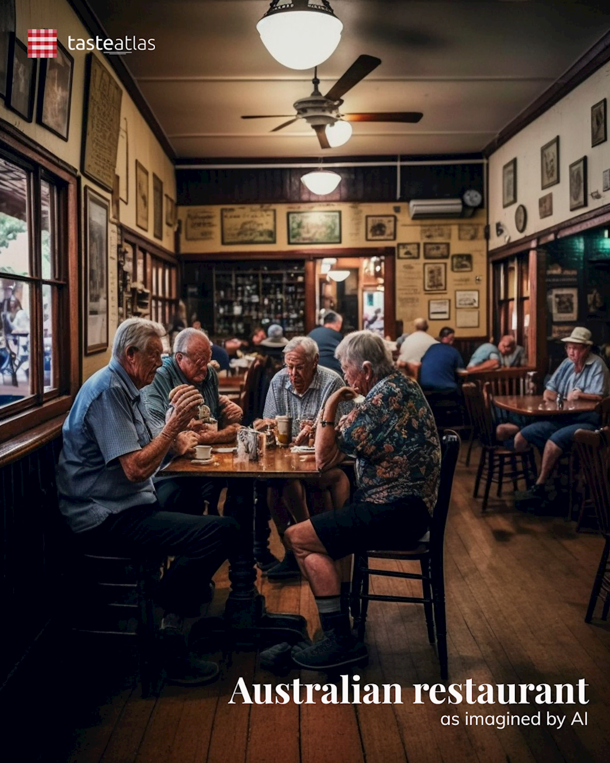 Prompt: Imagine locals eating in a traditional Australian restaurant