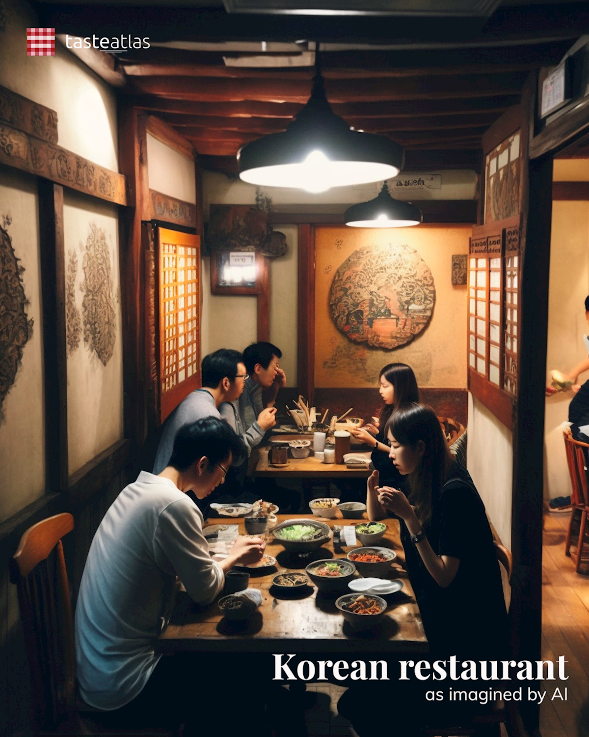 Prompt: Imagine locals eating in a traditional Korean restaurant