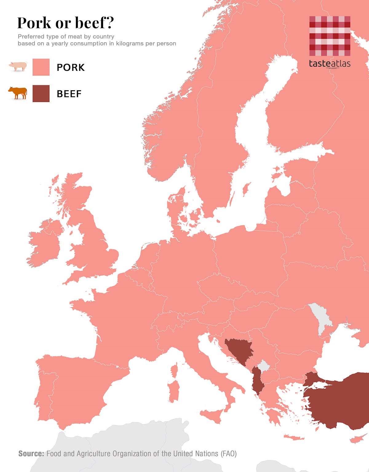 Preferred type of meat in each European country, when considering only pork and beef