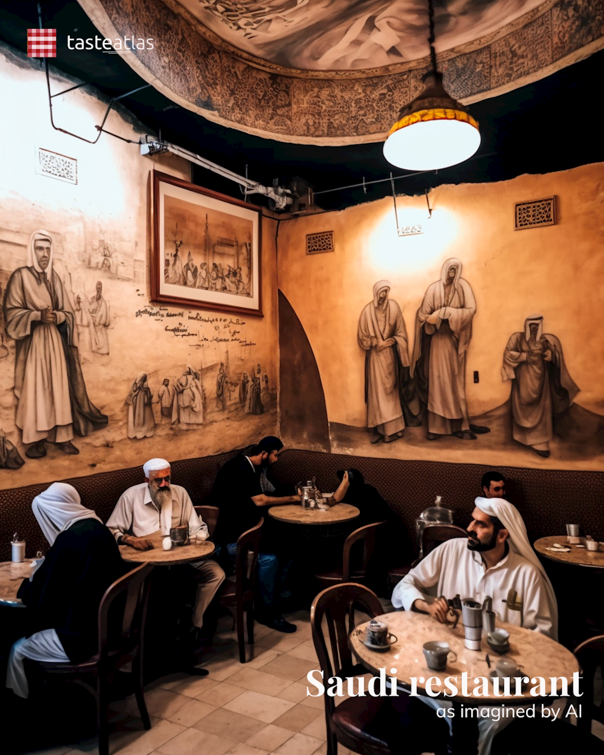 Prompt: Imagine locals eating in a traditional Saudi restaurant