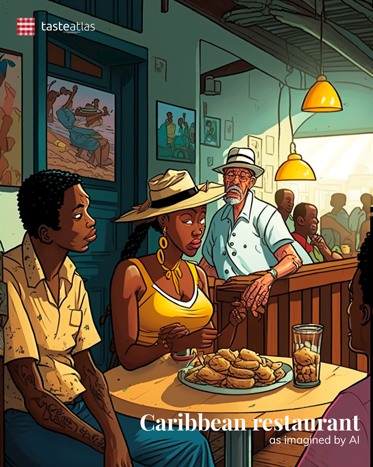 Prompt: Imagine locals eating in a traditional Caribbean restaurant