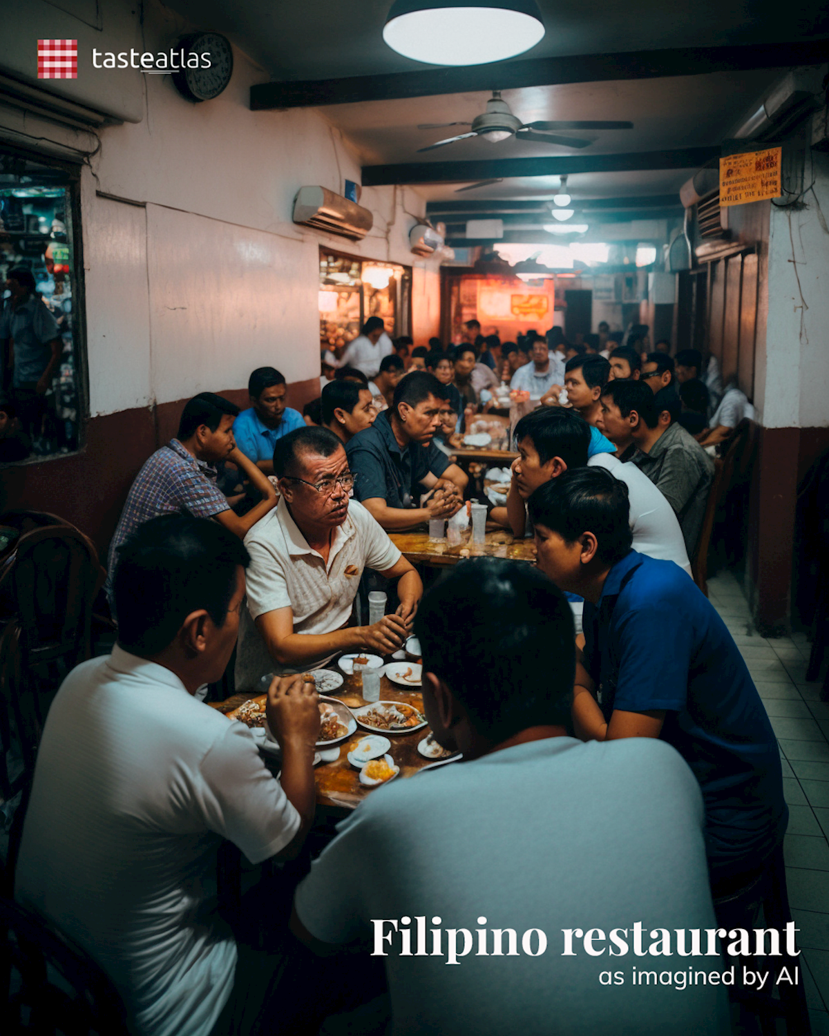 Prompt: Imagine locals eating in a traditional Filipino restaurant