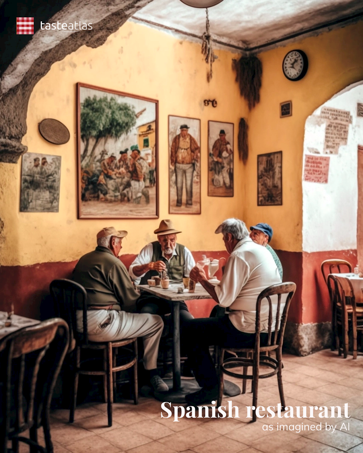 Prompt: Imagine locals eating in a traditional Spanish restaurant