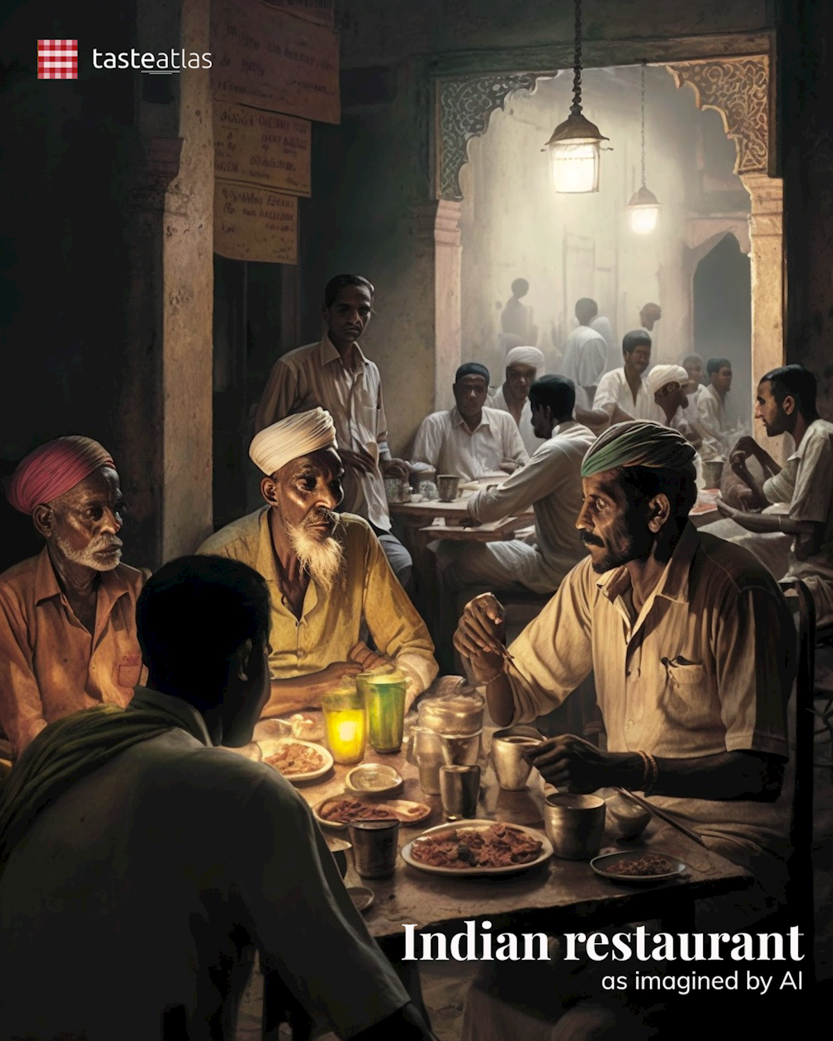 Prompt: Imagine locals eating in a traditional Indian restaurant