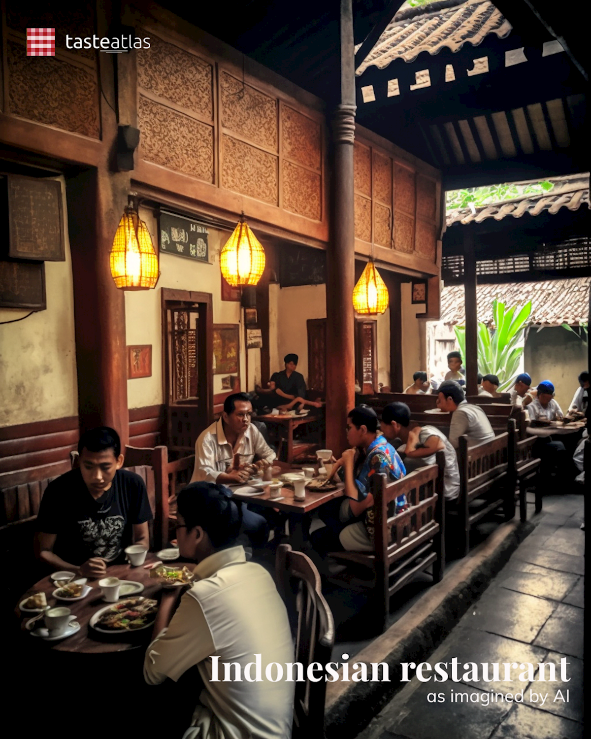 Prompt: Imagine locals eating in a traditional Indonesian restaurant