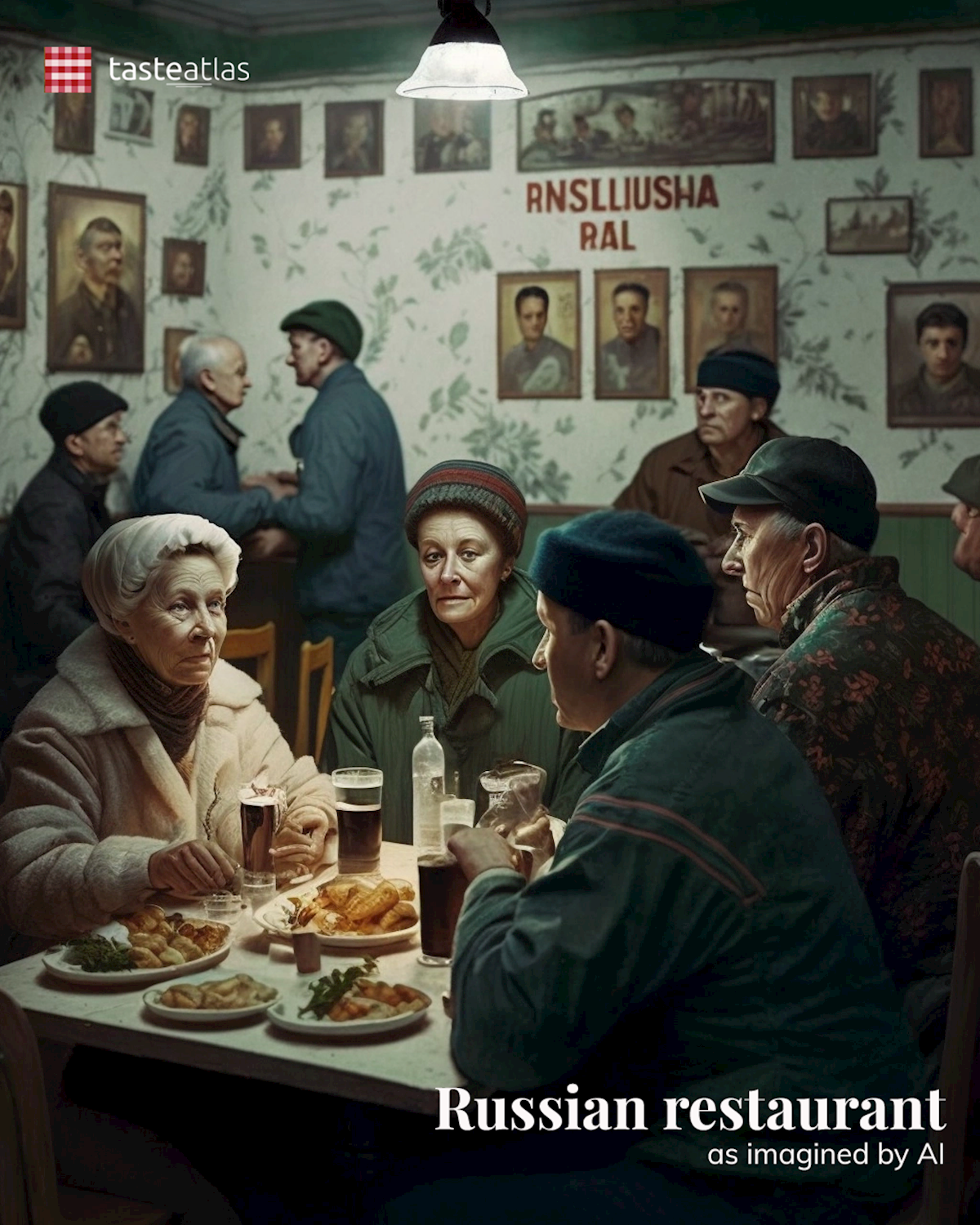 Prompt: Imagine locals eating in a traditional Russian restaurant