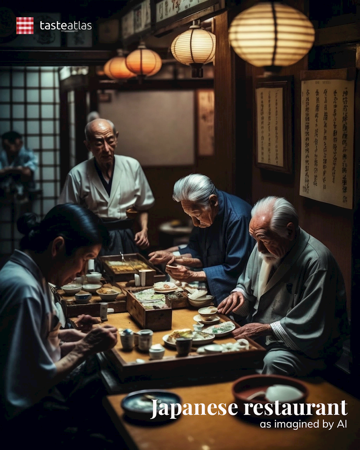Prompt: Imagine locals eating in a traditional Japanese restaurant