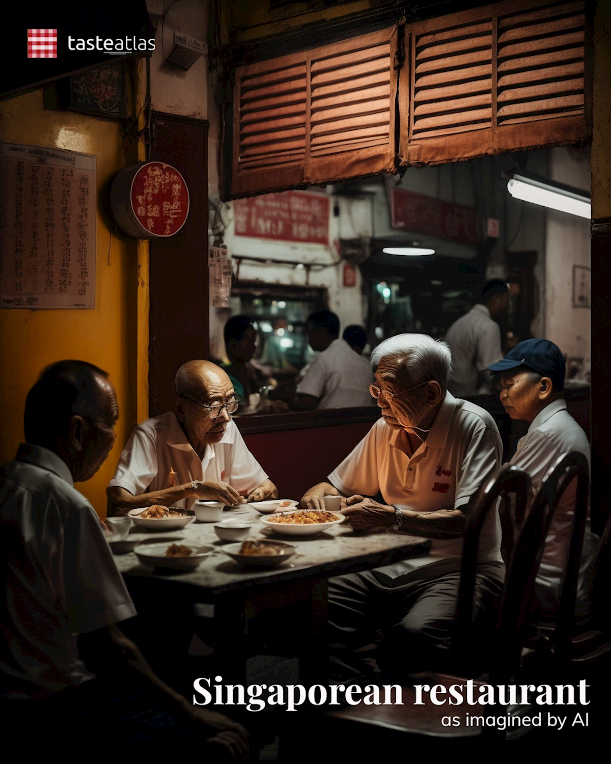 Prompt: Imagine locals eating in a traditional Singaporean restaurant