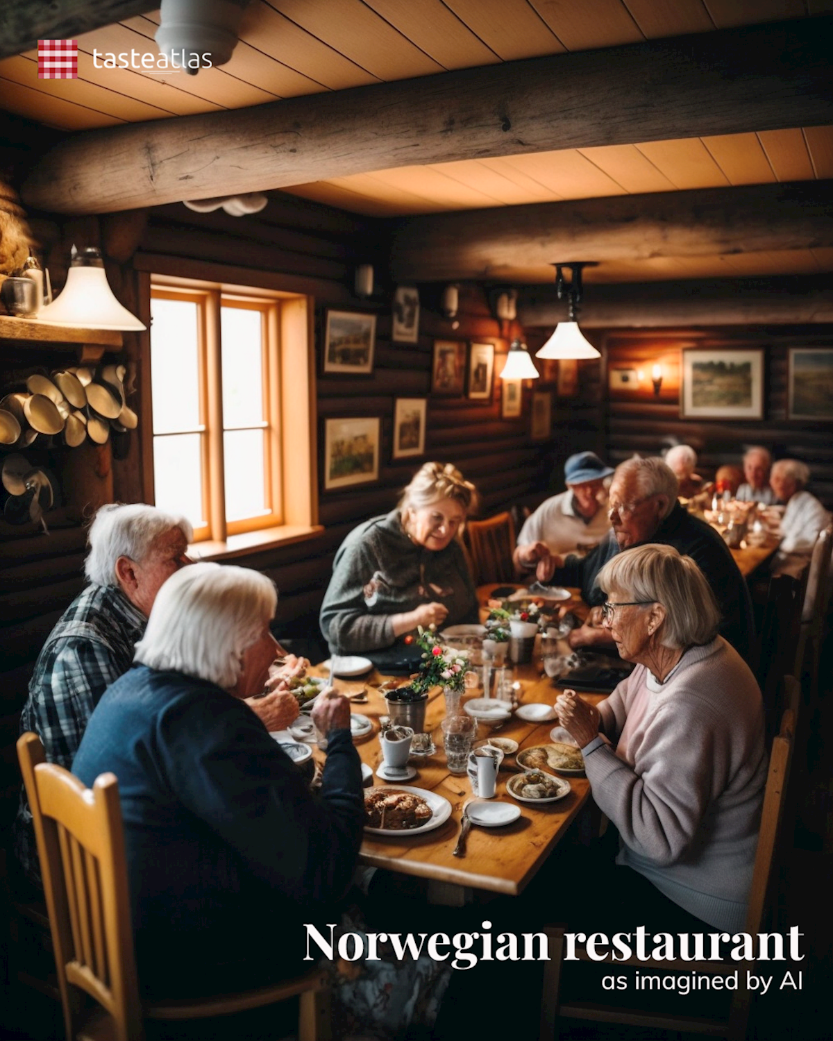 Prompt: Imagine locals eating in a traditional Norwegian restaurant
