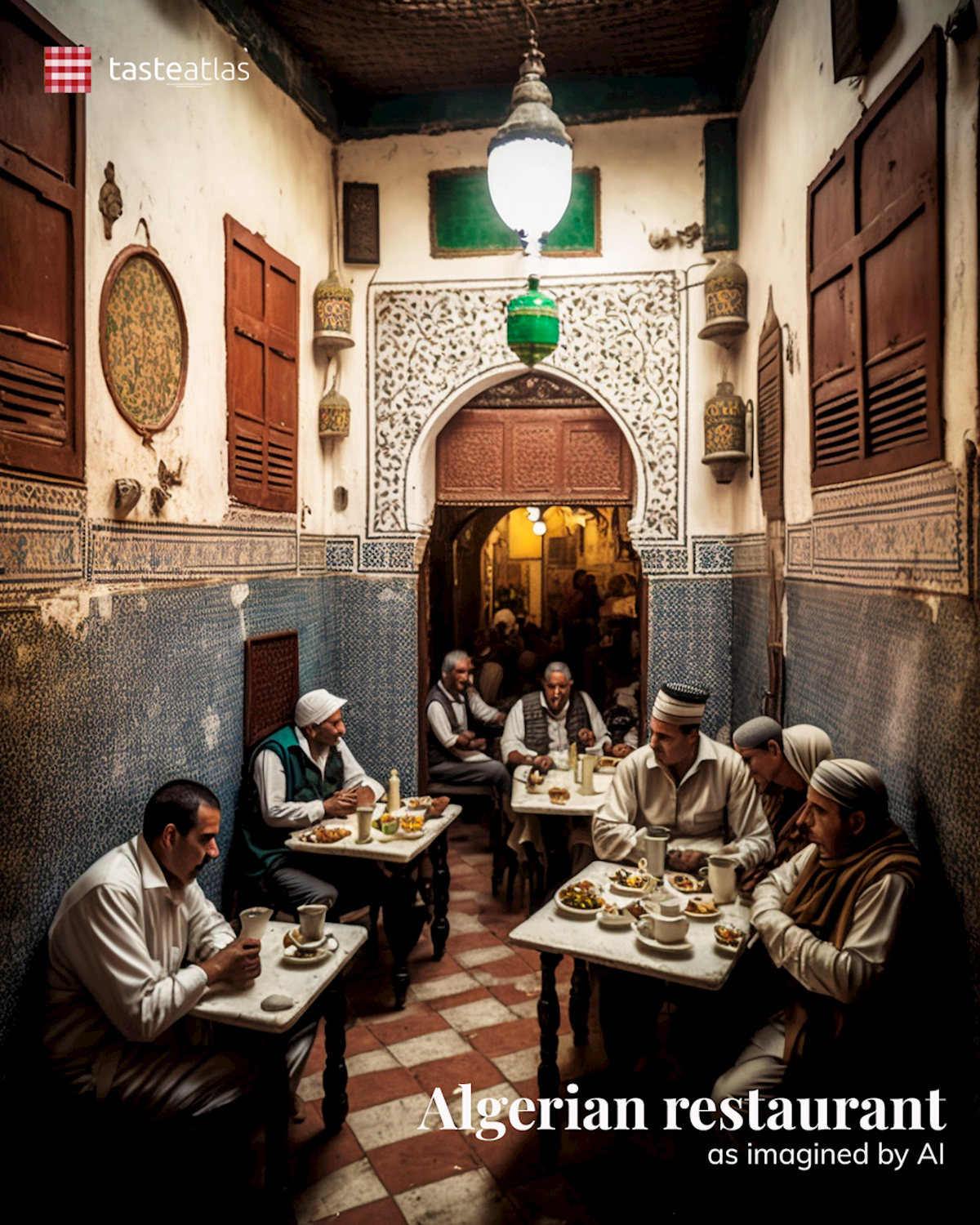 Prompt: Imagine locals eating in a traditional Algerian restaurant