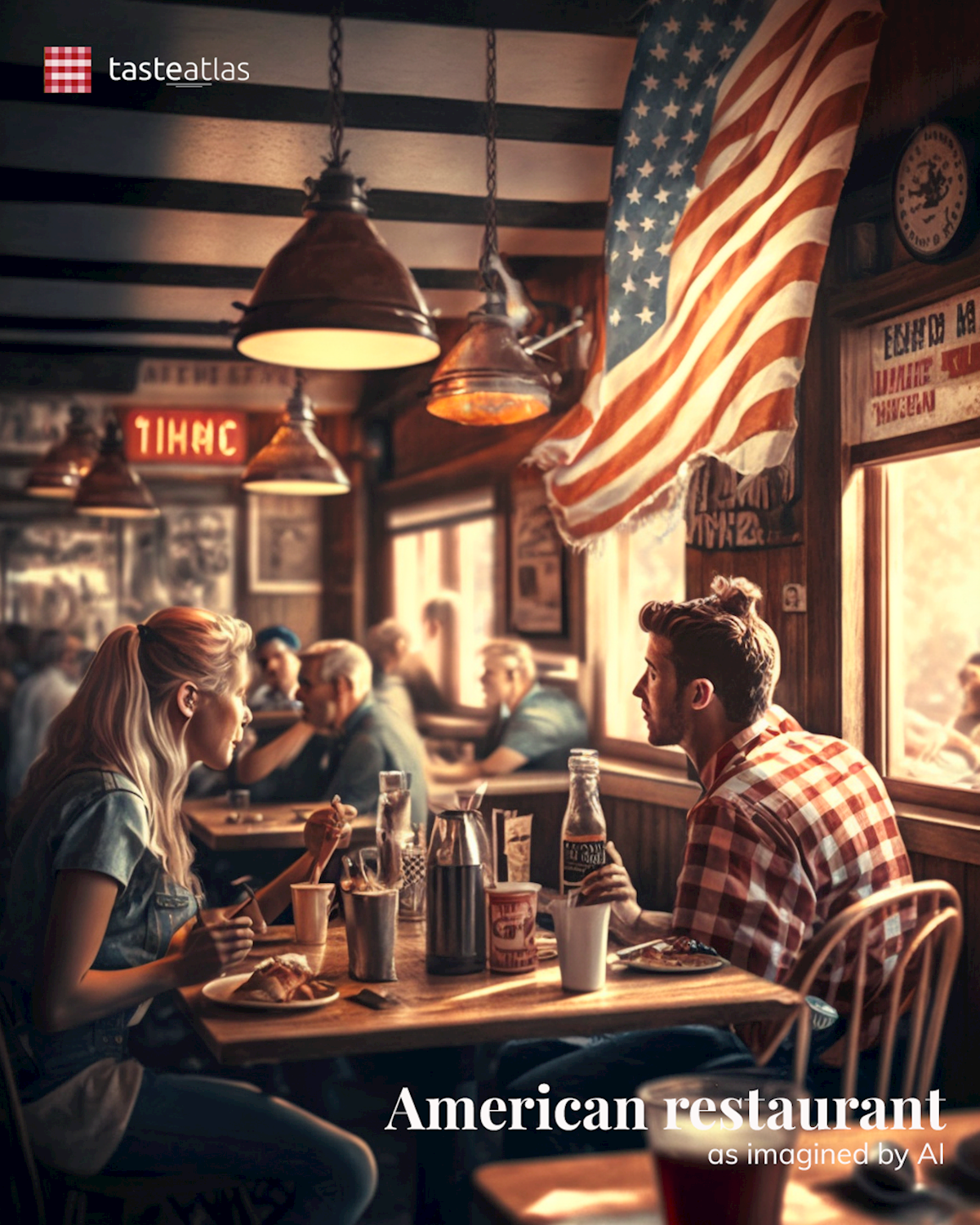 Prompt: Imagine locals eating in a traditional American restaurant