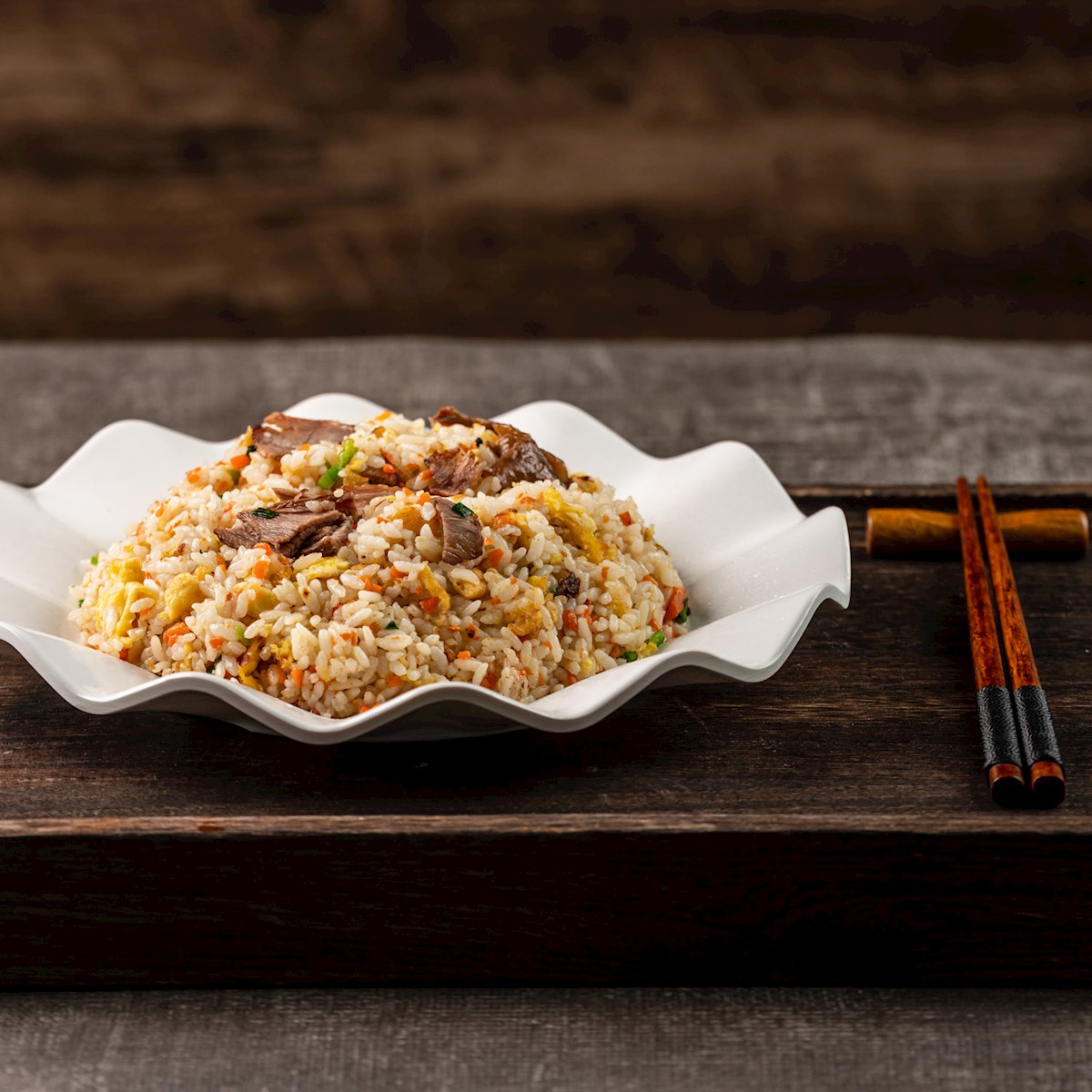 Authentic Yangzhou fried rice with egg and fresh prawn.