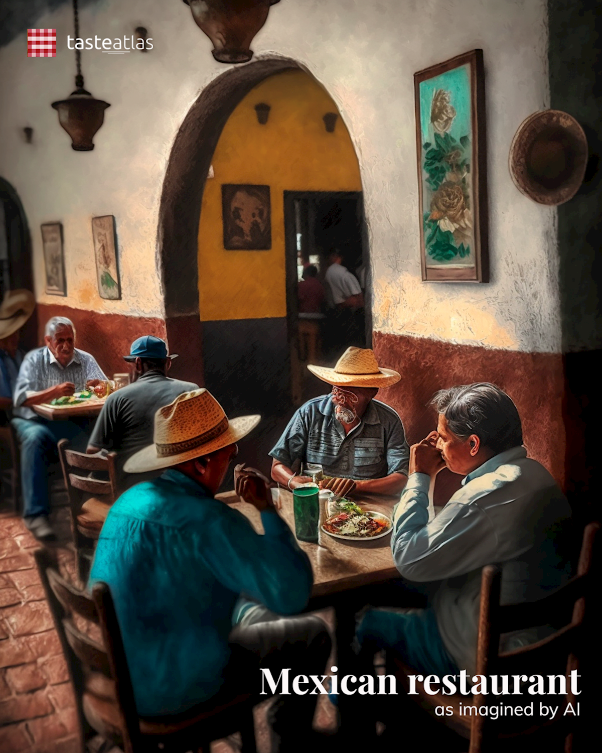 Prompt: Imagine locals eating in a traditional Mexican restaurant