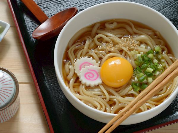 Tsukimi Udon Traditional Noodle Dish From Japan