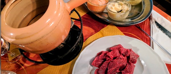 Fondue Bourguignonne  Traditional Meat Dish From Switzerland, Central  Europe