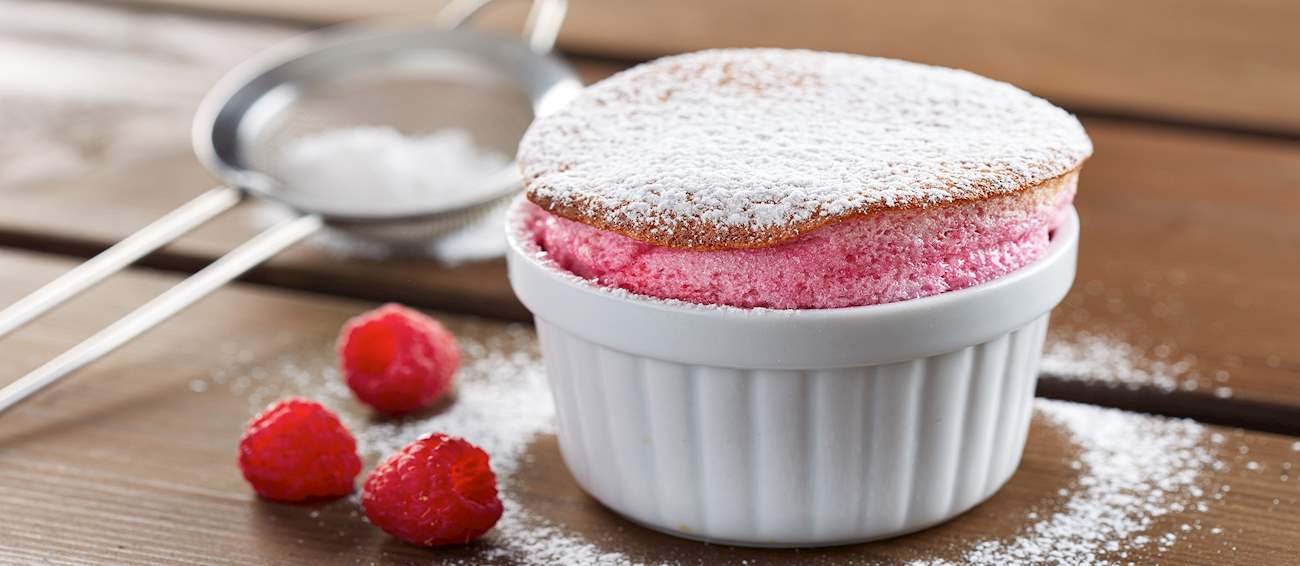 Soufflé Aux Framboises Traditional Dessert From France, Western Europe